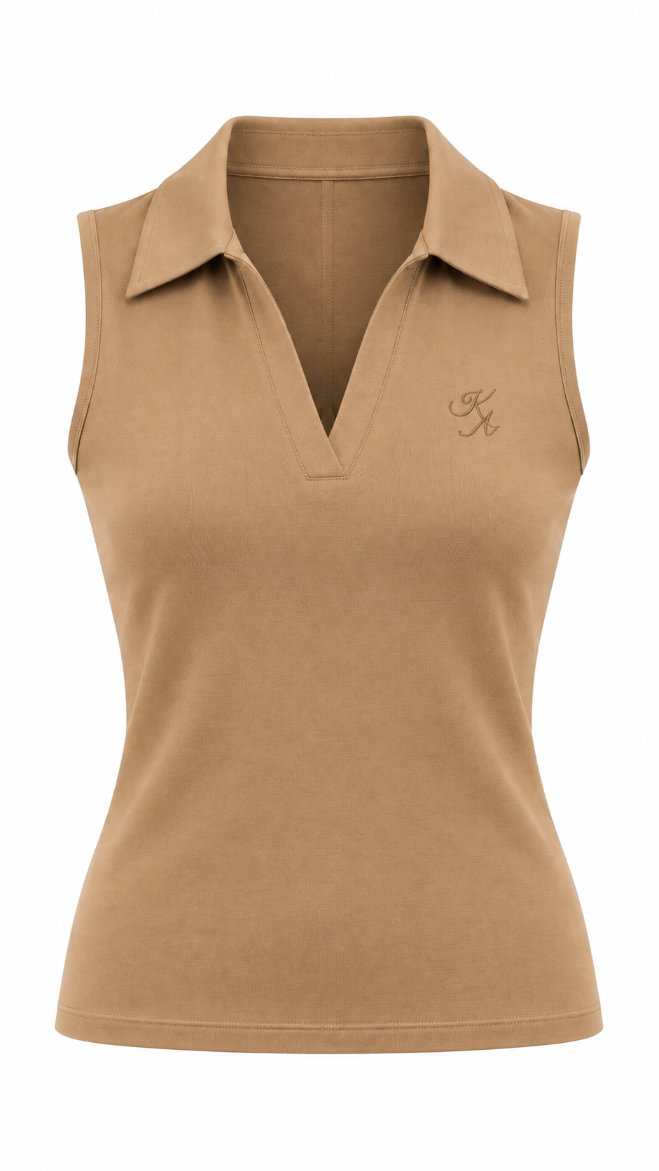 Kerri Alise camel sleeveless collared V-neck top with KA monogram on a white background