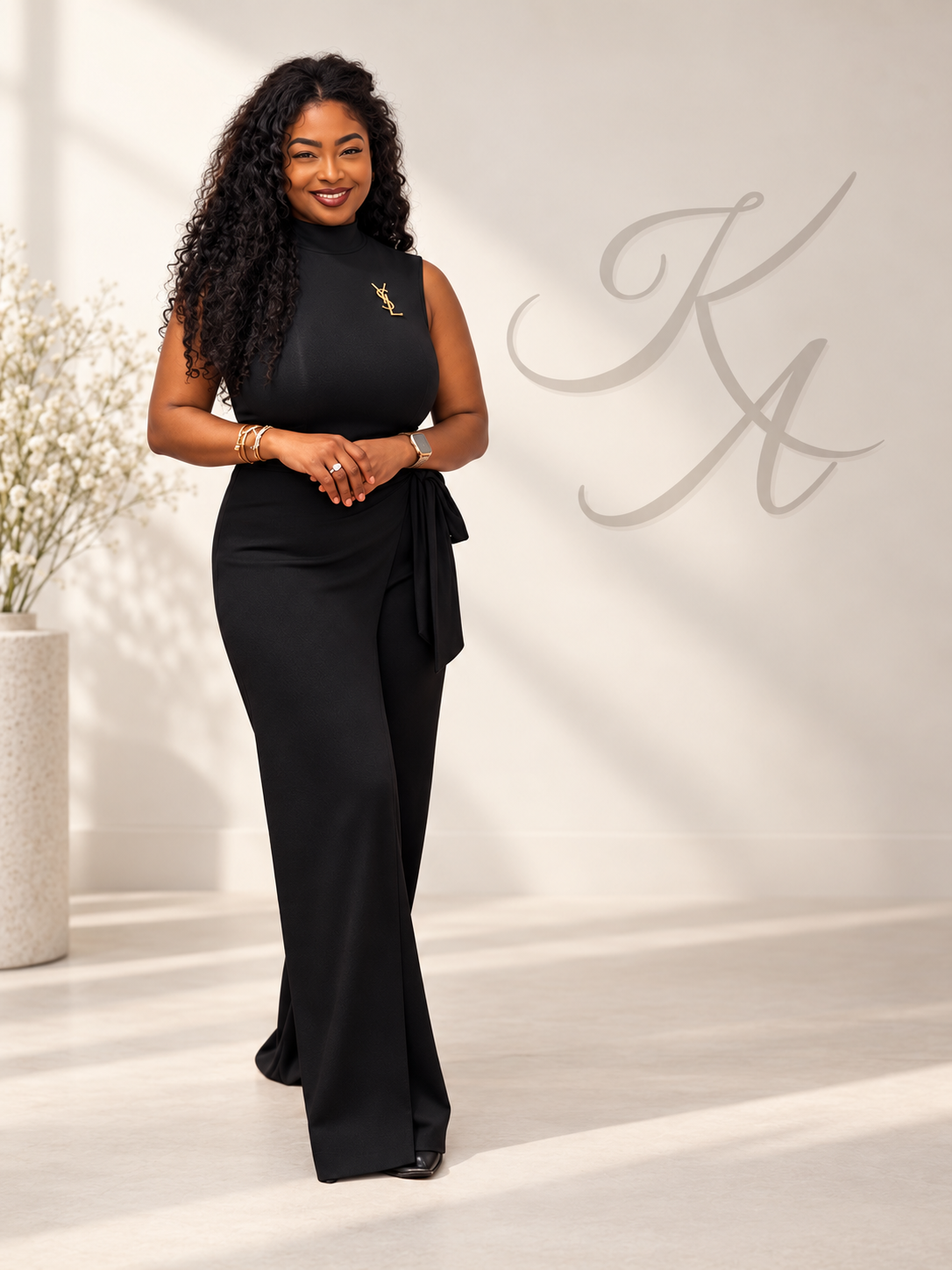 Kerri Alise in black beside her KA monogram